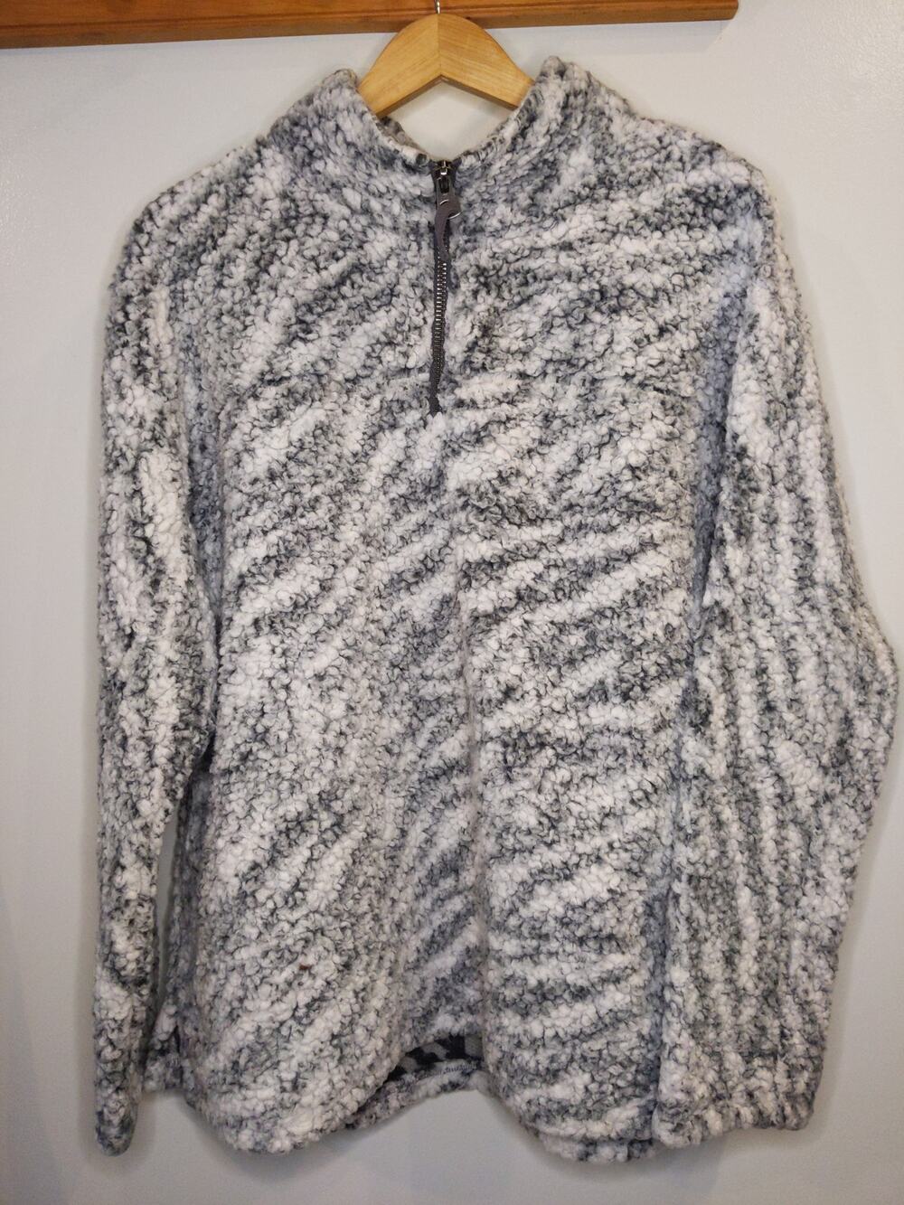 DYLAN Women's Sherpa Quarter Zip XL Gray White Fuzzy Pullover Cozy Soft